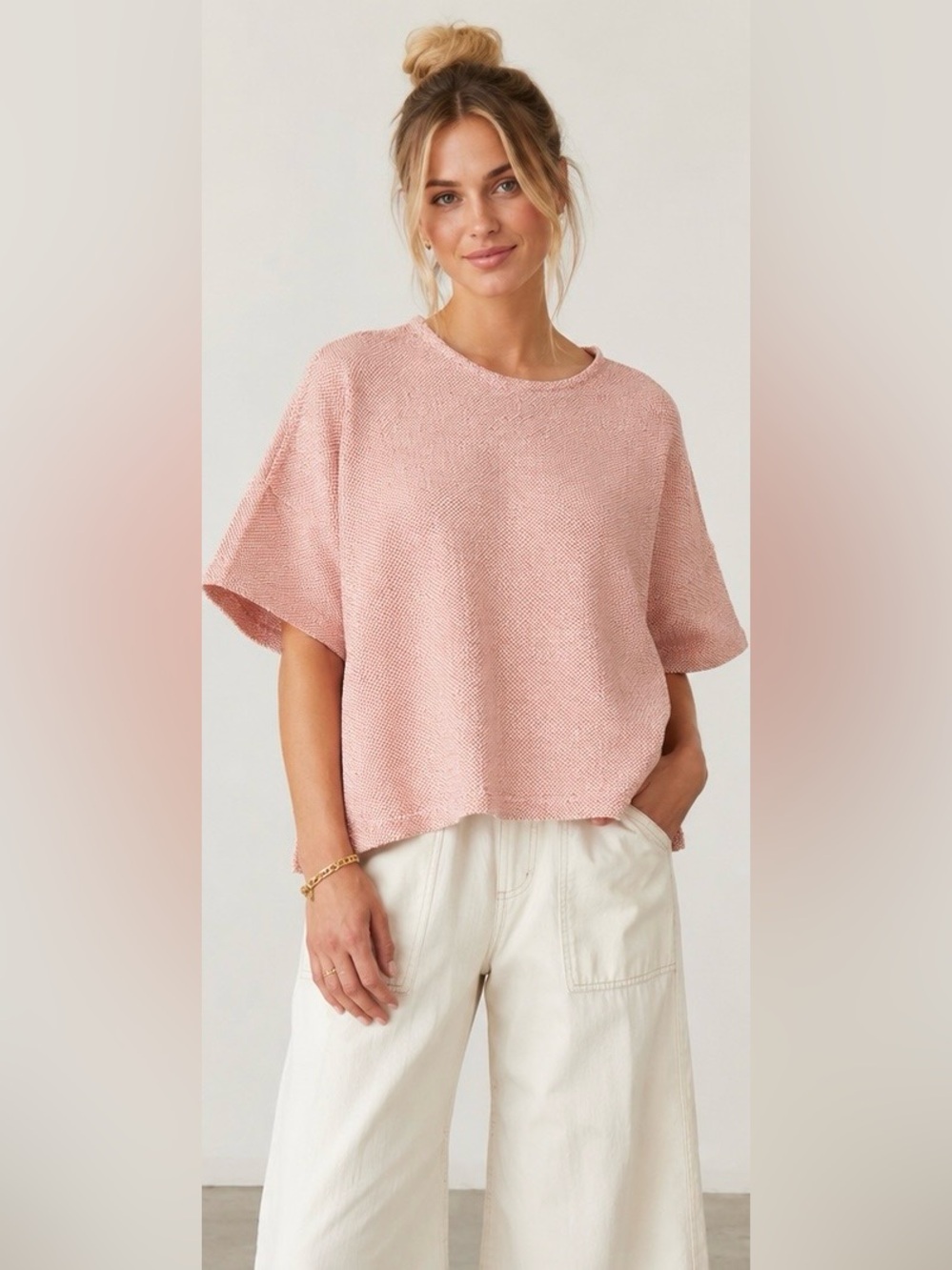 Jamie + The Jones Oversized Pink Textured Knit Boxy Top Small